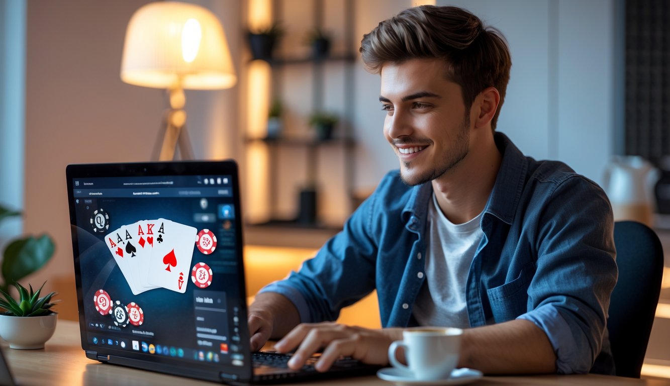 Seorang pria muda duduk di meja dengan laptop, fokus bermain permainan kartu online di ruangan rumah yang nyaman.