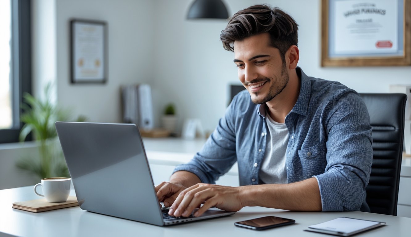 Seorang pria muda duduk di meja modern sambil bermain permainan kartu online di laptop dengan ekspresi fokus dan senang.