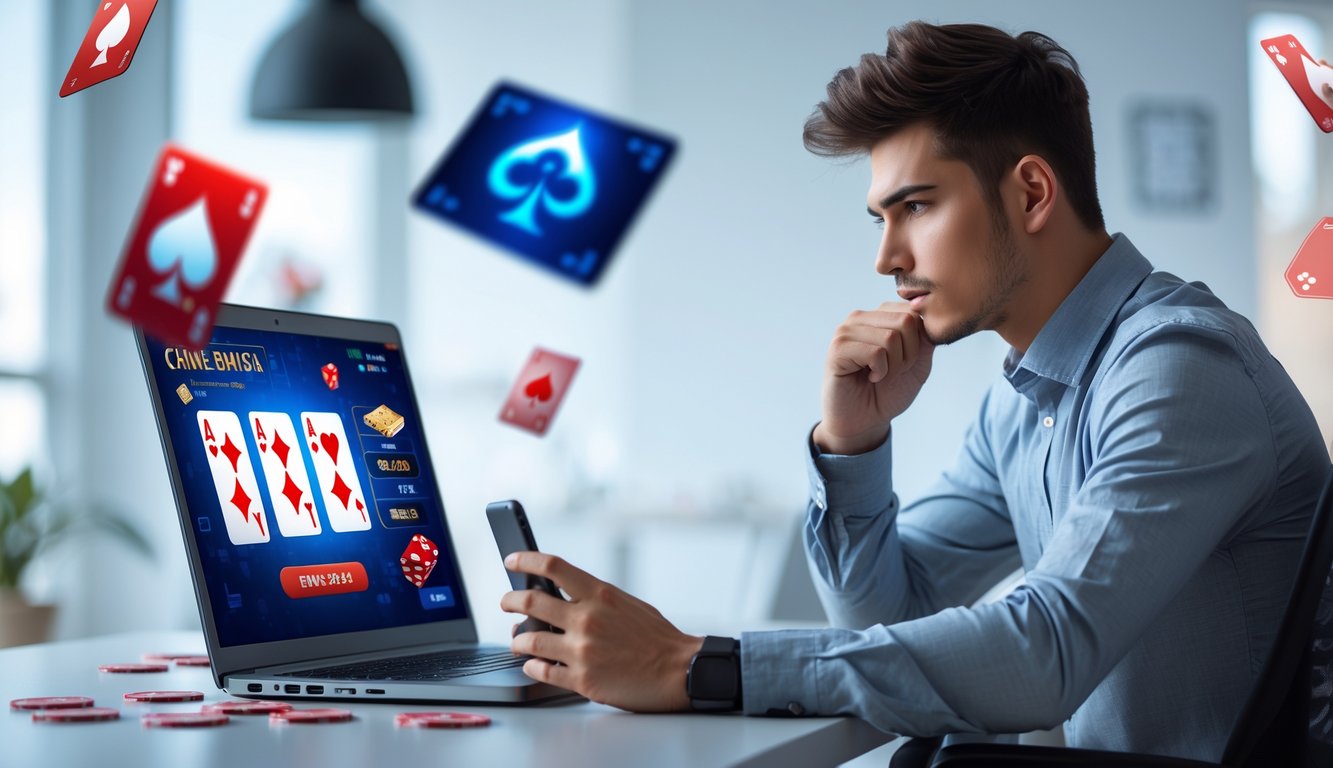 Seorang pria muda duduk di meja dengan laptop dan ponsel, fokus bermain permainan kartu online.