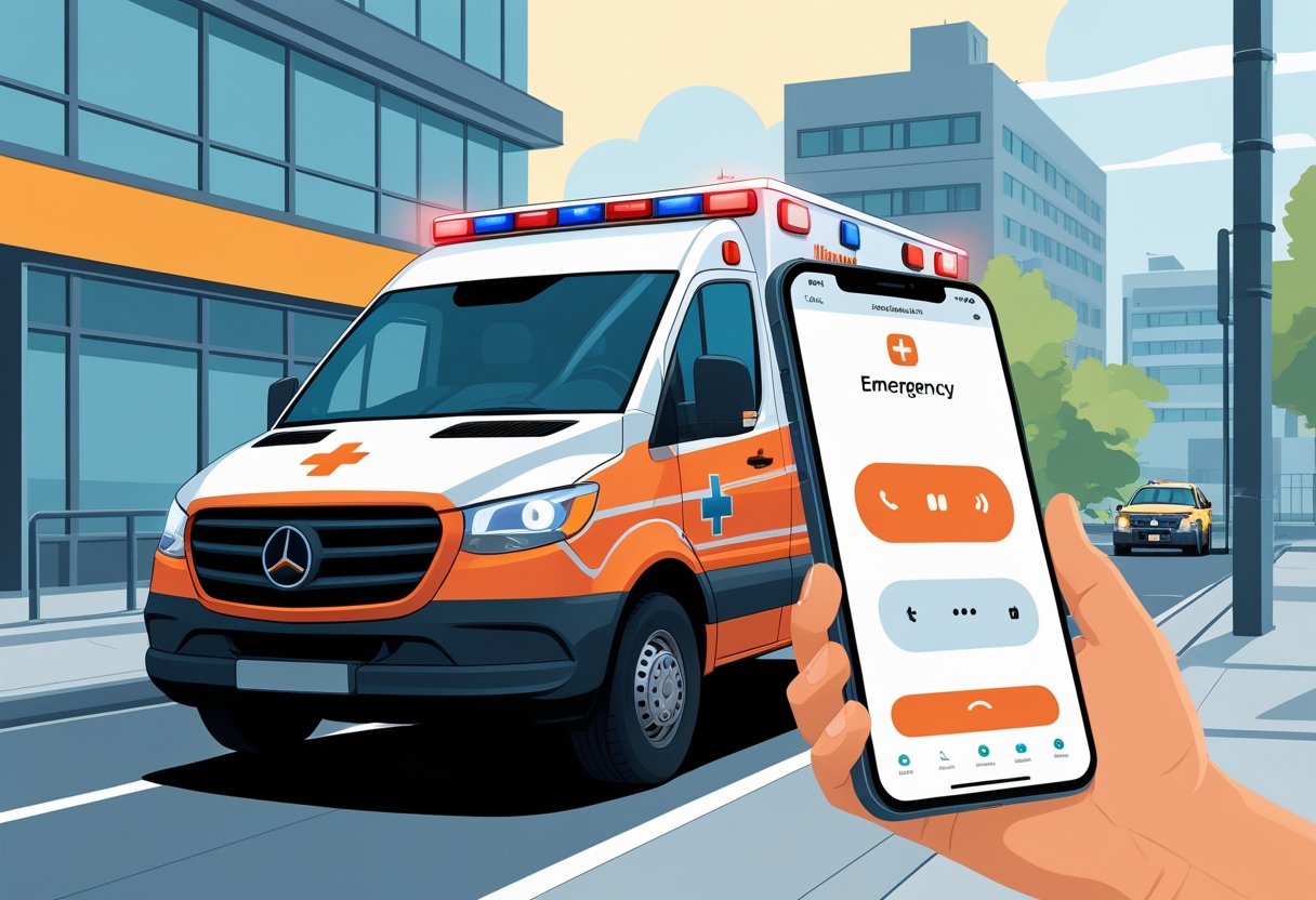 Número de Telefone da Ambulância: Como Acionar a ambulância particular 1 Pessoa segurando um smartphone fazendo uma chamada de emergência enquanto uma ambulância está estacionada com as luzes ligadas em uma rua da cidade.