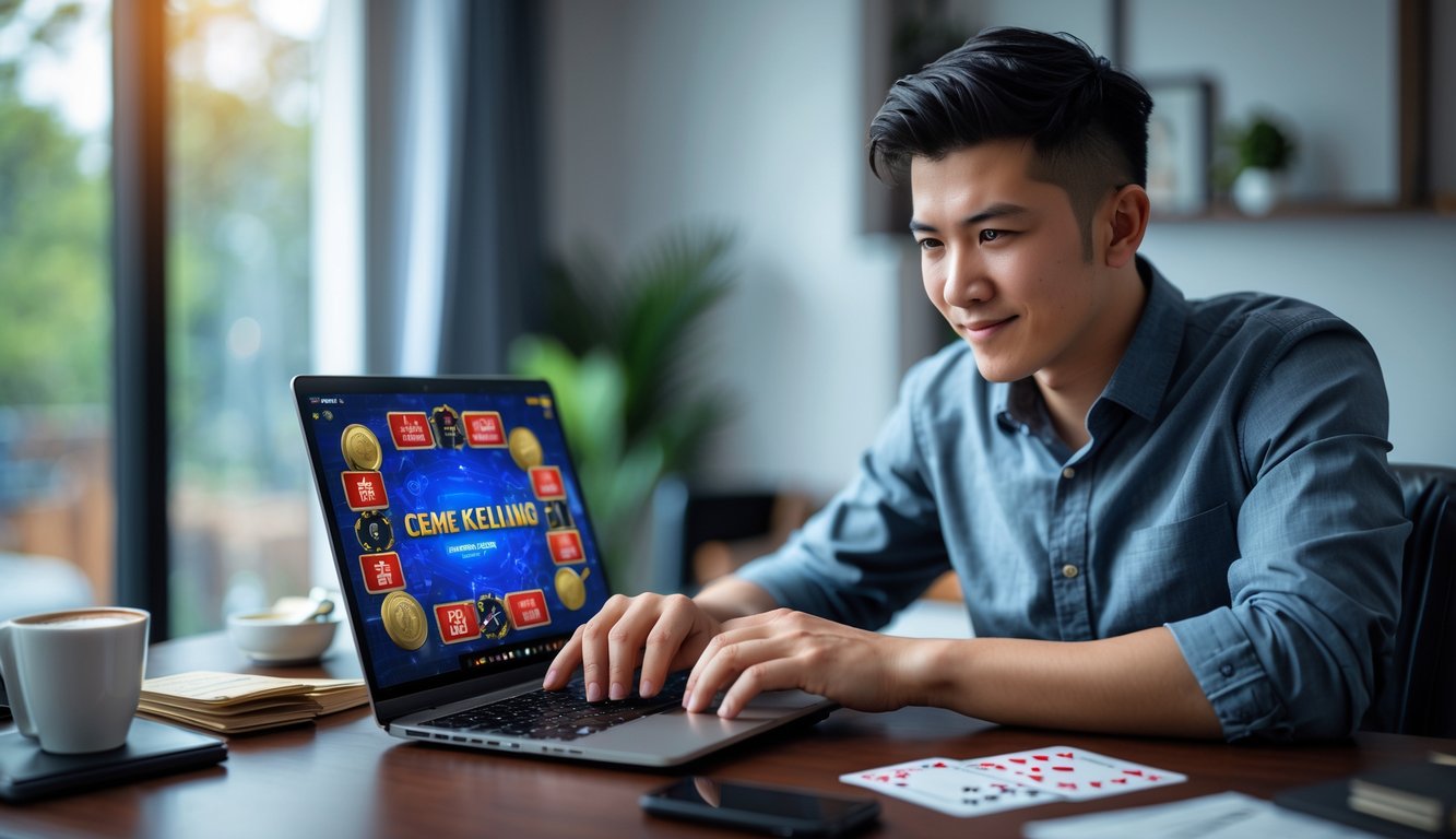 Seorang dewasa muda fokus bermain permainan kartu Ceme Keliling secara online di depan laptop di ruang kerja rumah.