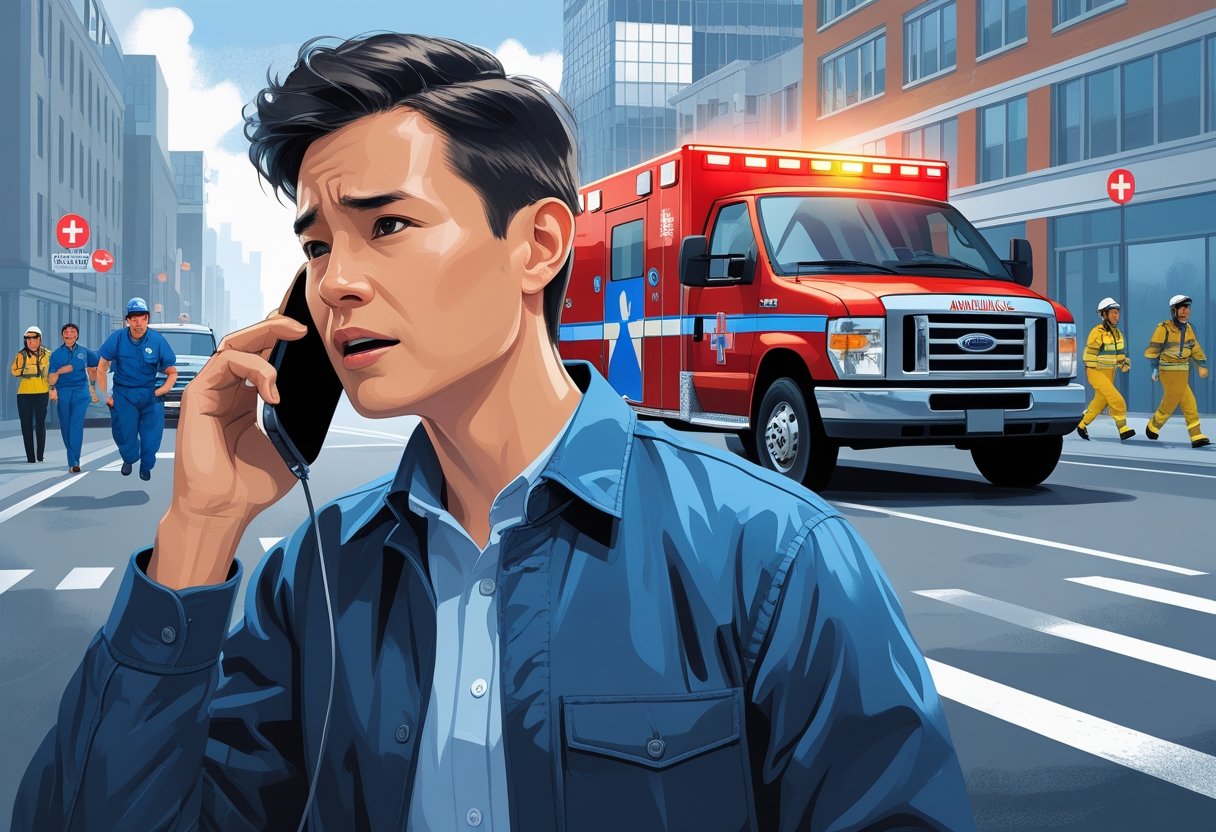 Número de Telefone da Ambulância: Como Acionar a ambulância particular 2 Pessoa fazendo uma ligação de emergência para a ambulância enquanto paramédicos correm para atender uma situação na rua.