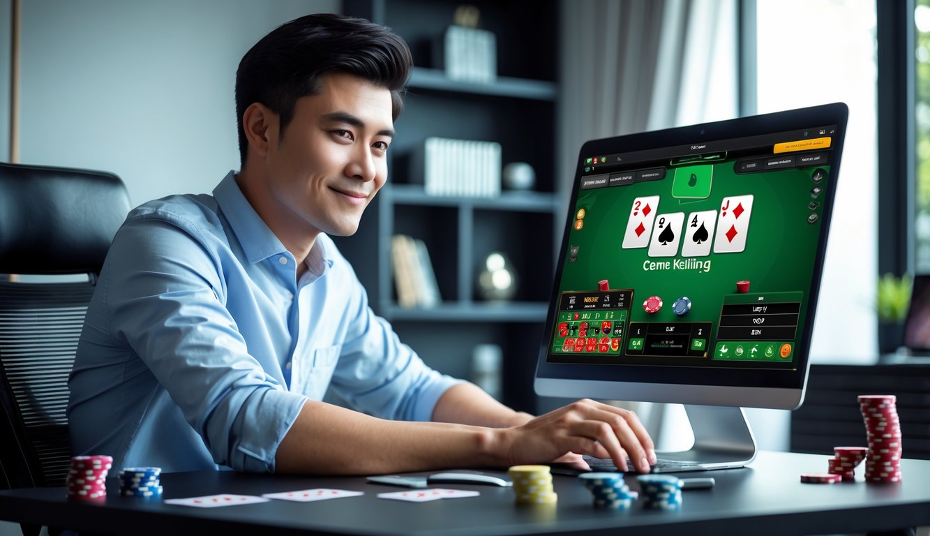 Seorang pria muda duduk di meja dengan laptop, bermain judi online kartu Ceme Keliling di ruang kerja rumah yang terang.