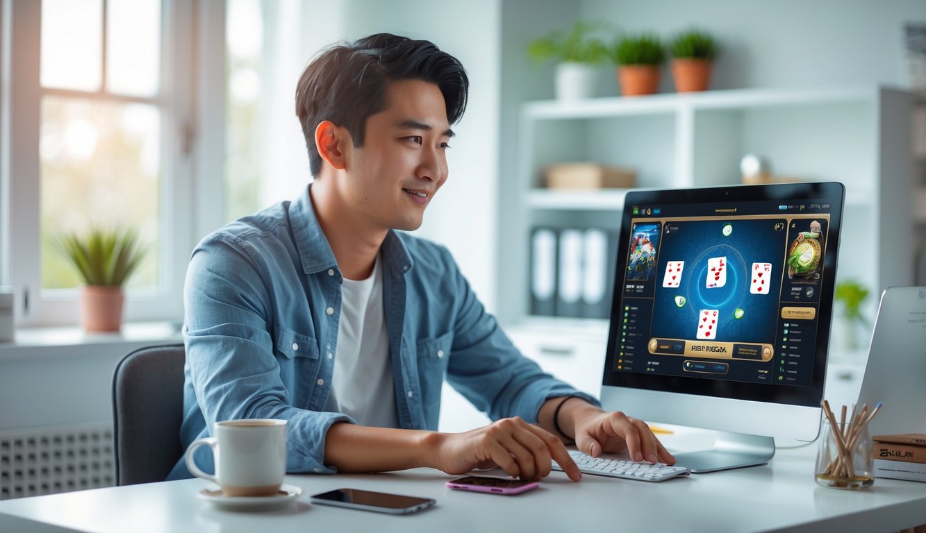 Seorang pria muda duduk di meja dengan laptop, fokus bermain permainan kartu online di ruangan yang terang dan rapi.