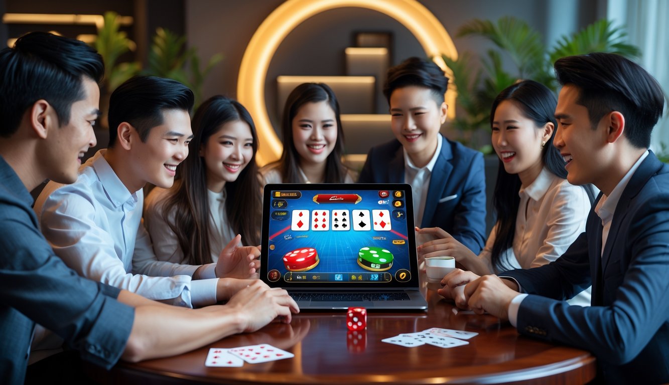 Sekelompok orang muda bermain permainan kartu online di meja dengan laptop dan suasana ruangan yang hangat.