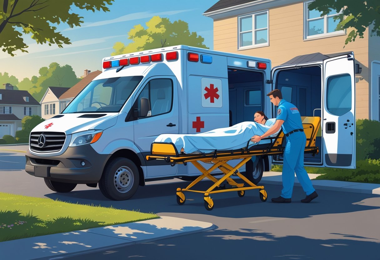 Ambulância particular estacionada em frente a uma casa, com um paramédico ajudando um paciente em uma maca a entrar no veículo.