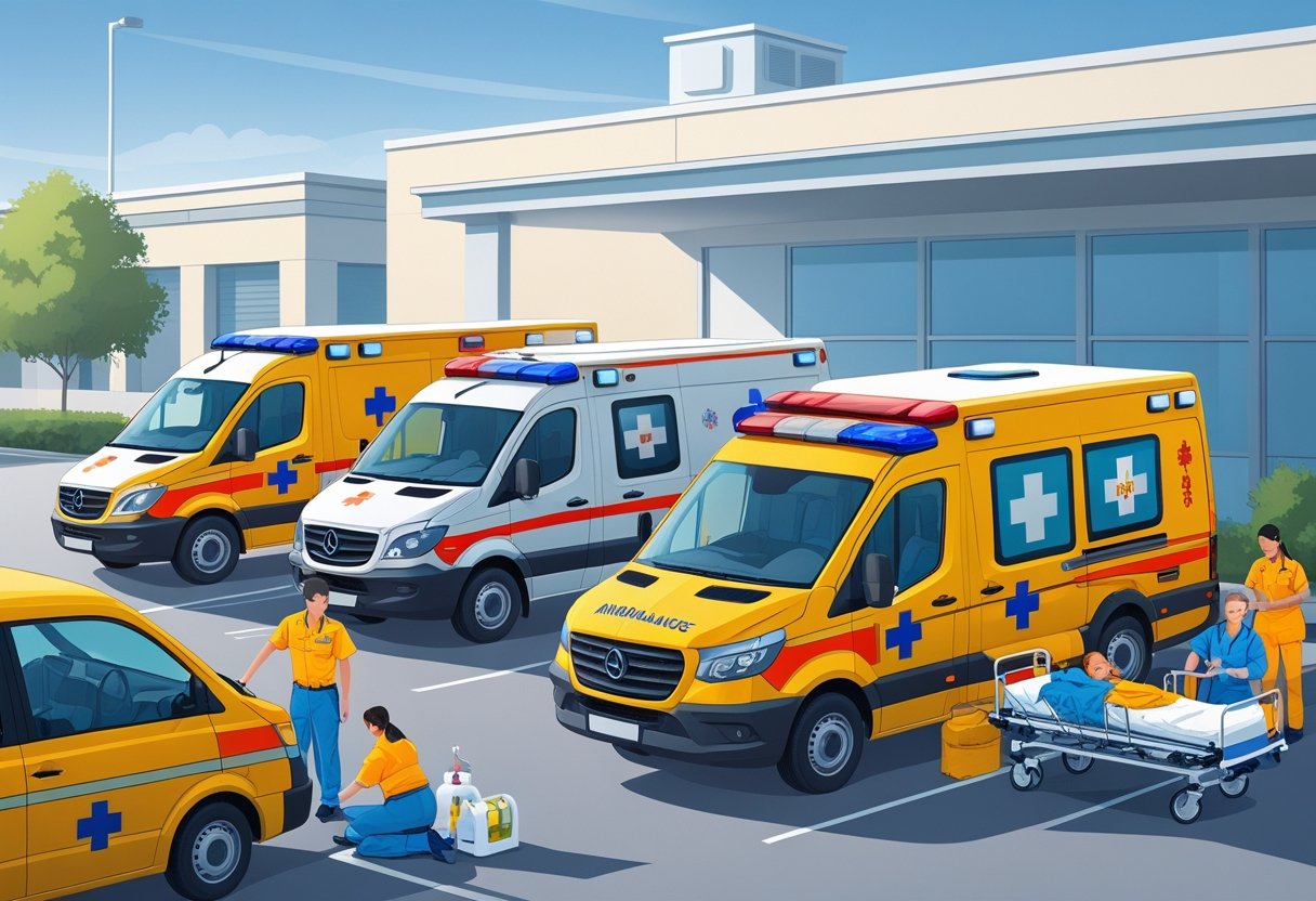 Vários tipos de ambulâncias particulares estacionadas com profissionais de saúde ao redor, mostrando diferentes equipamentos médicos e serviços de transporte.