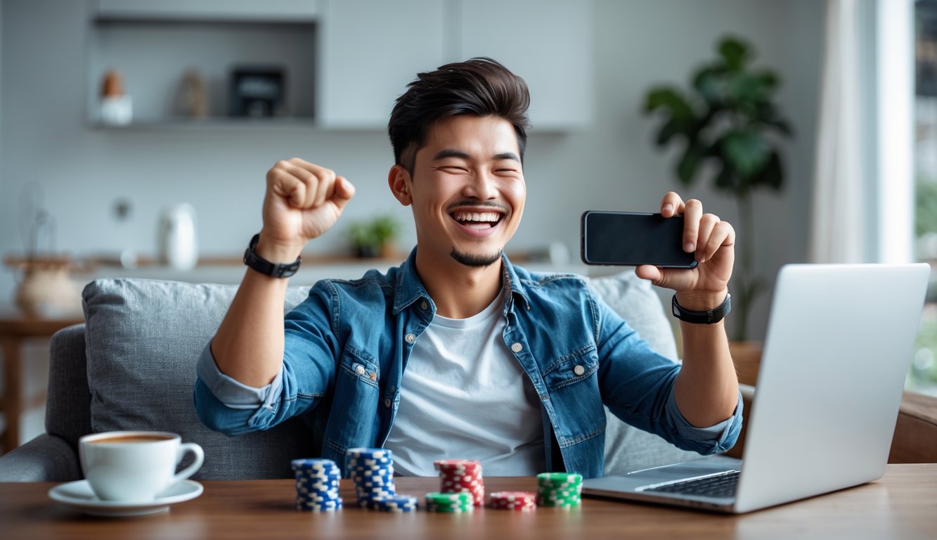 Seorang pria muda tersenyum gembira sambil memegang ponsel di ruang tamu modern, menunjukkan ekspresi kemenangan saat bermain judi online.