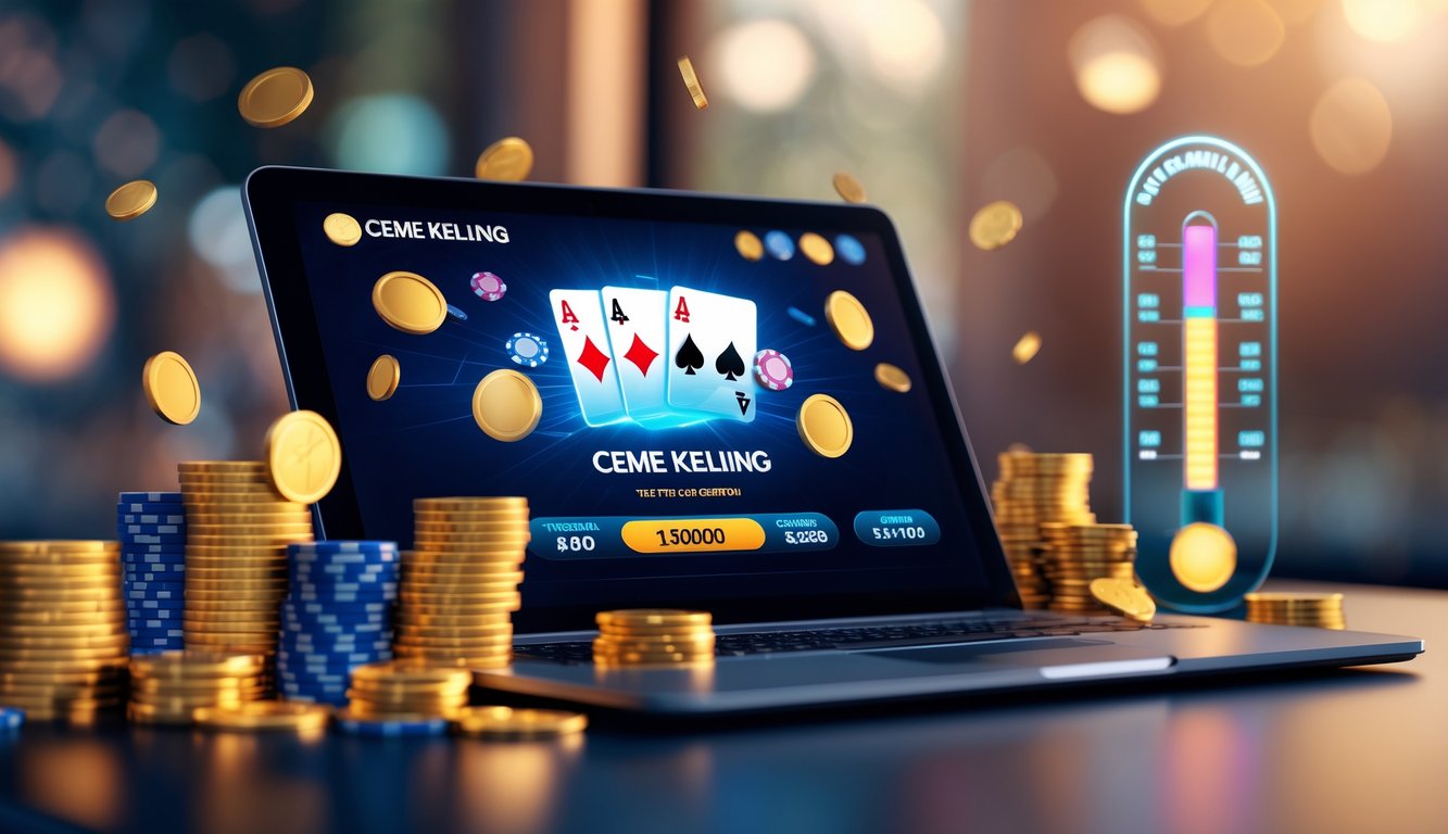 Sebuah laptop dengan permainan kartu online dan tumpukan chip poker di sekitarnya.