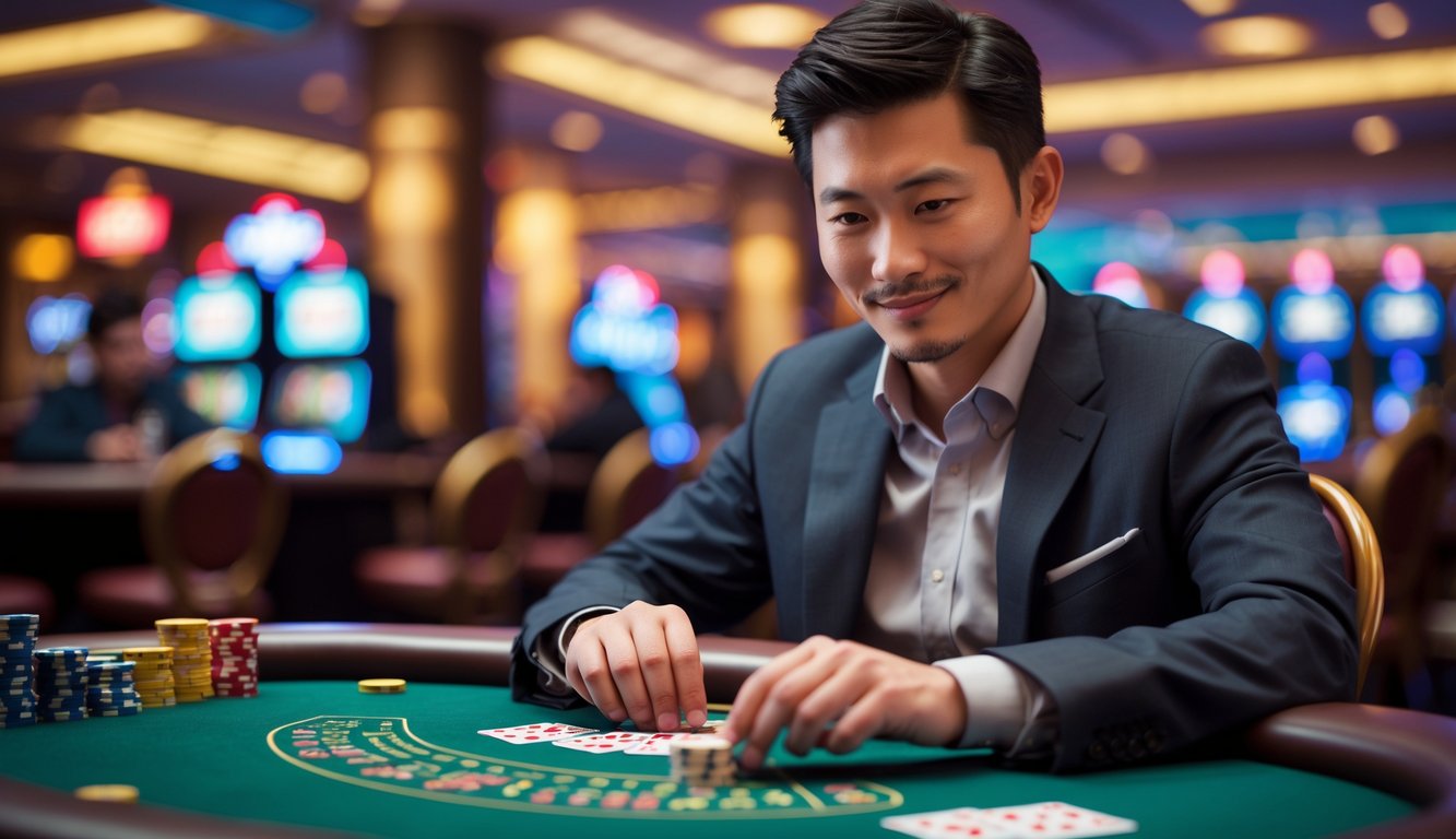Seorang pria Asia muda duduk di meja kasino bermain Chinese Blackjack dengan ekspresi fokus dan percaya diri.