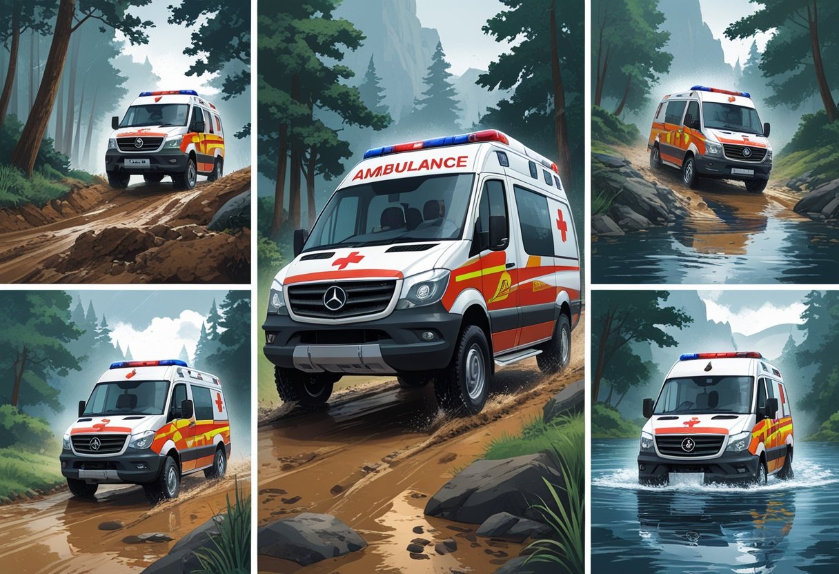 Ambulância 4x4 em diferentes terrenos difíceis, como floresta, montanha e área alagada, com equipes de resgate auxiliando pacientes.