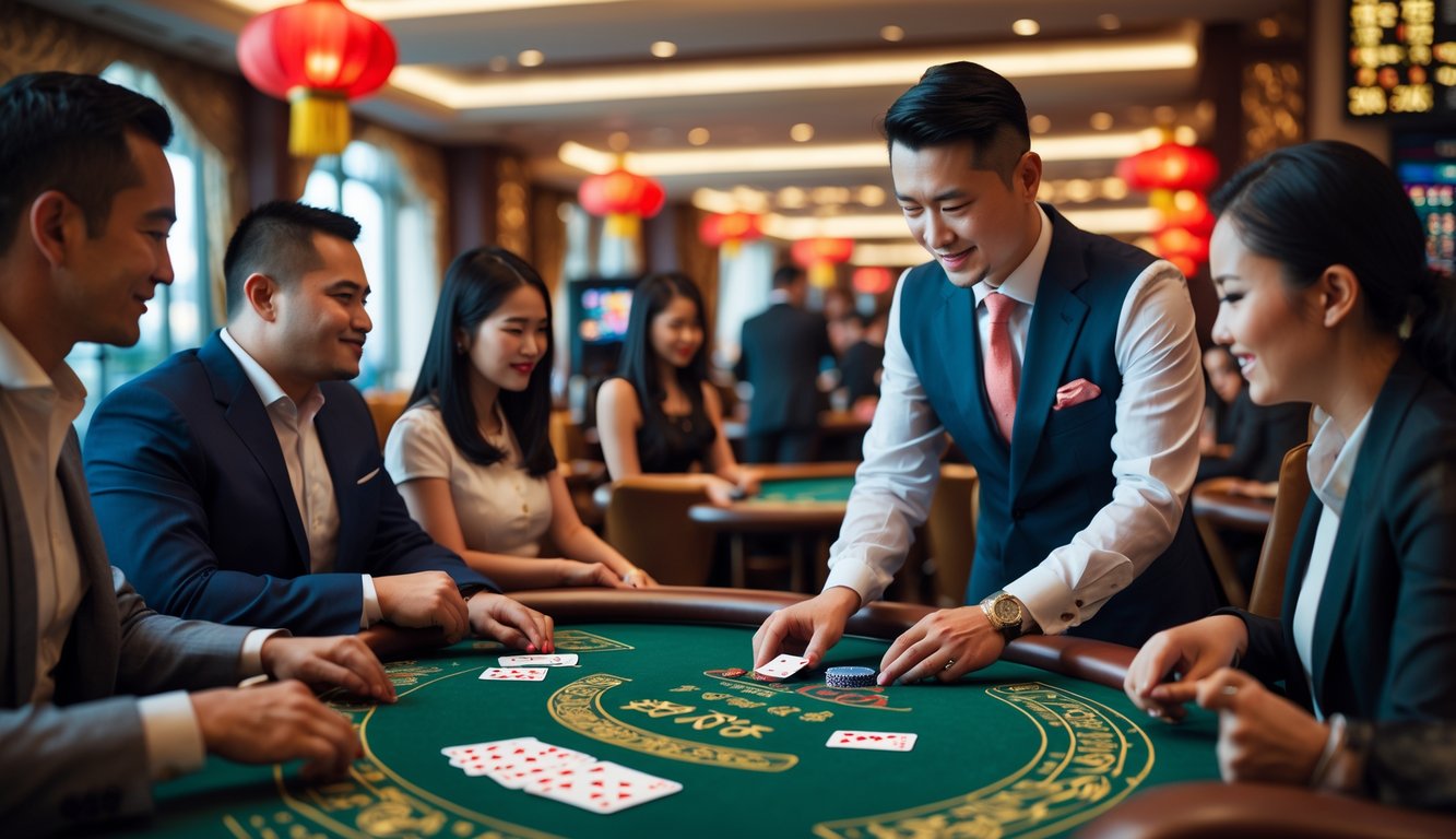 Suasana permainan blackjack Cina di kasino dengan dealer dan pemain yang fokus di meja hijau.