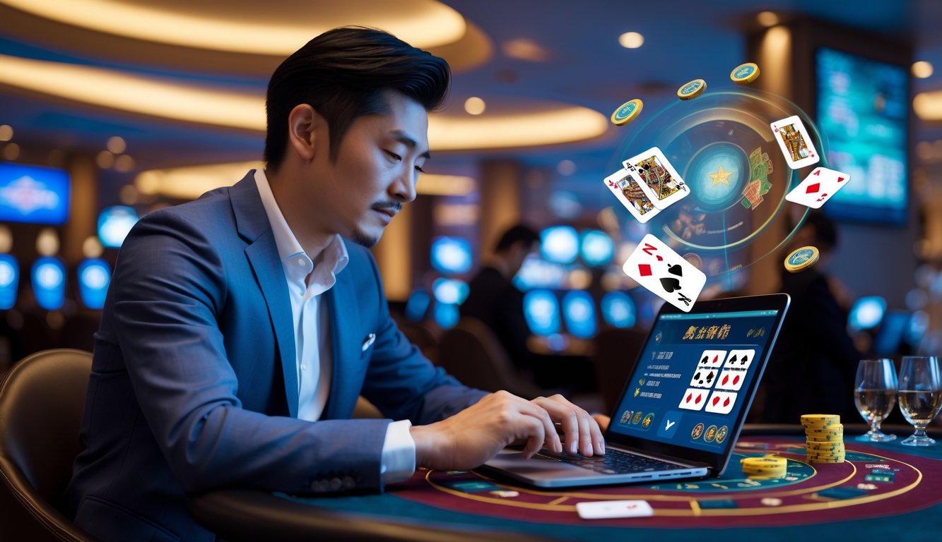 Seorang pria Asia duduk di meja kasino modern bermain Chinese Blackjack online menggunakan laptop dengan ekspresi fokus dan percaya diri.