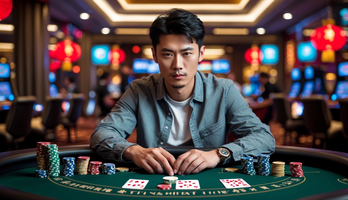 Seorang pria Asia muda duduk di meja kasino bermain Chinese Blackjack dengan kartu dan chip taruhan di depan.