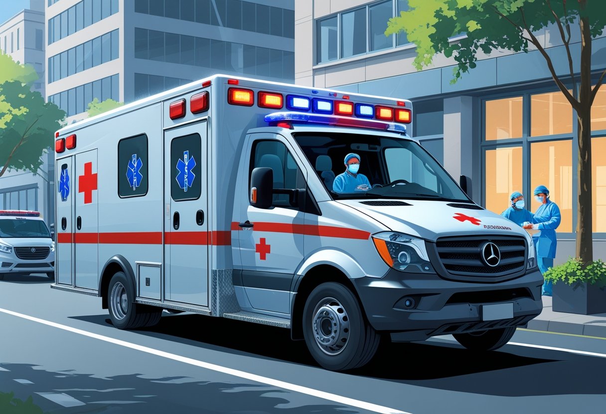 Ambulância UTI móvel particular em movimento com profissional de saúde cuidando de paciente no interior, em uma rua da cidade.