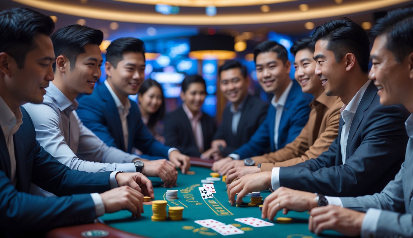 Sekelompok pria Asia sedang bermain Chinese Blackjack di meja kasino modern dengan suasana elegan dan pencahayaan hangat.