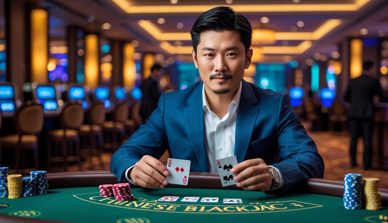 Seorang pria Asia duduk di meja kasino bermain Chinese Blackjack dengan ekspresi fokus dan kartu di tangan.