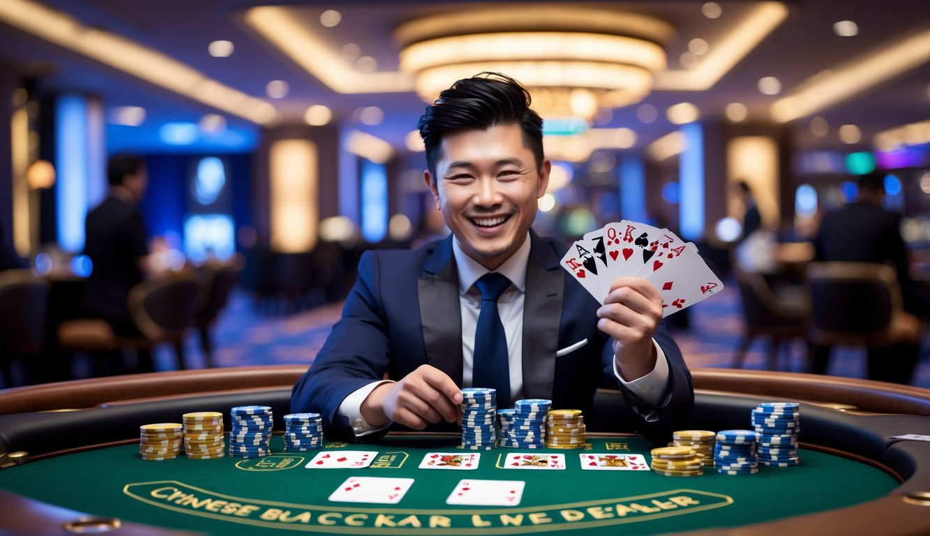 Seorang pria Asia merayakan kemenangan di meja judi Chinese Blackjack dengan dealer langsung di kasino.