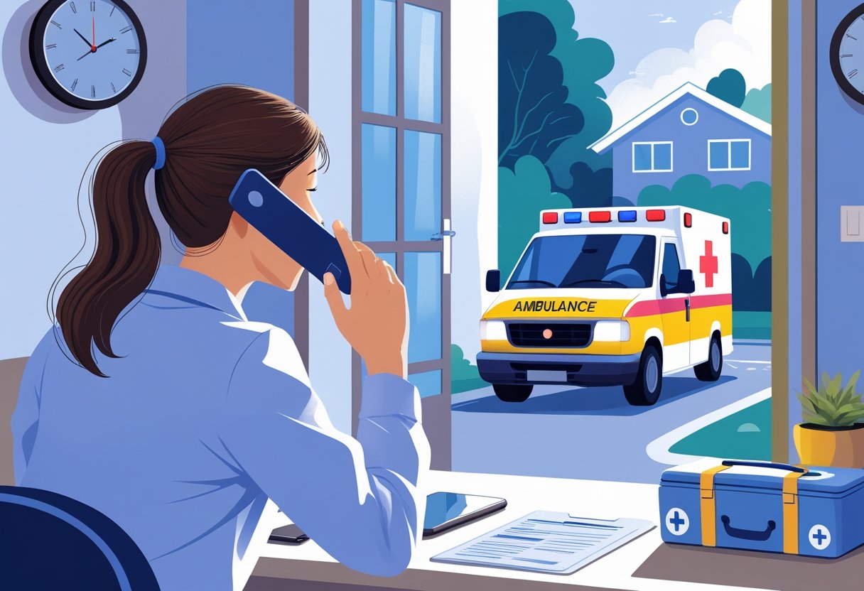 Pessoa fazendo uma ligação para uma ambulância em um ambiente residencial, com uma ambulância chegando ao fundo.
