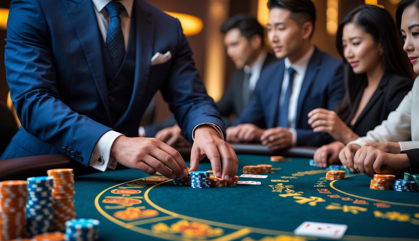 Meja judi Chinese Blackjack dengan dealer dan pemain yang fokus bermain kartu di kasino.