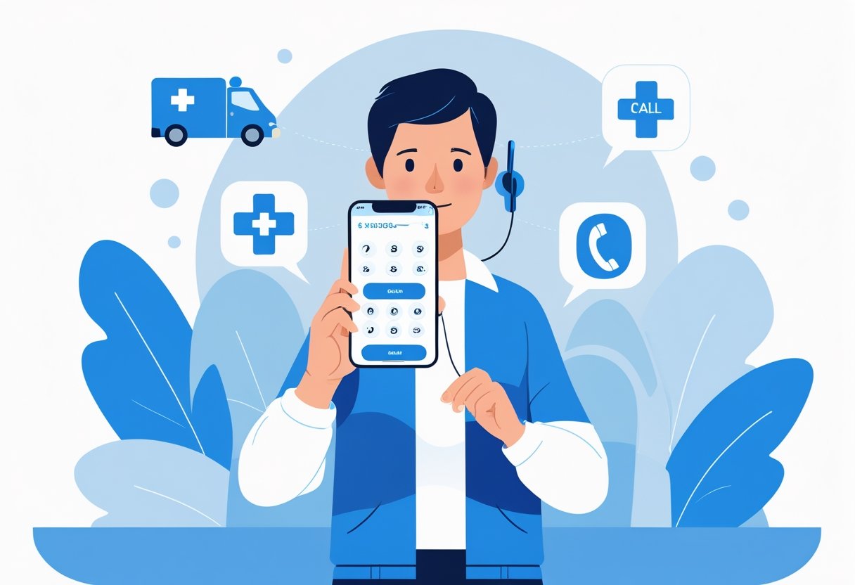 Pessoa segurando um smartphone fazendo uma ligação de emergência para uma ambulância, com ícones representando serviços de emergência ao redor.
