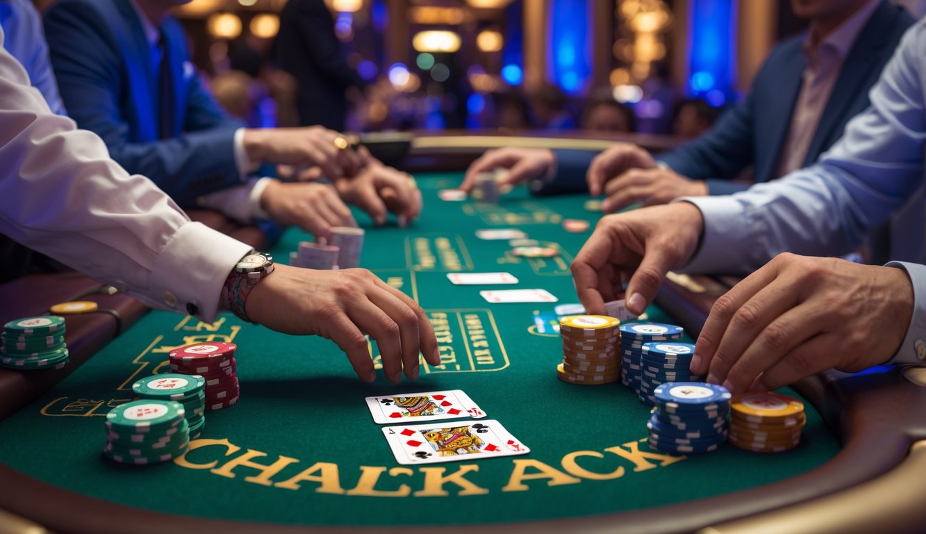 Meja blackjack dengan kartu dan chip poker, tangan pemain yang sedang bermain di kasino mewah.