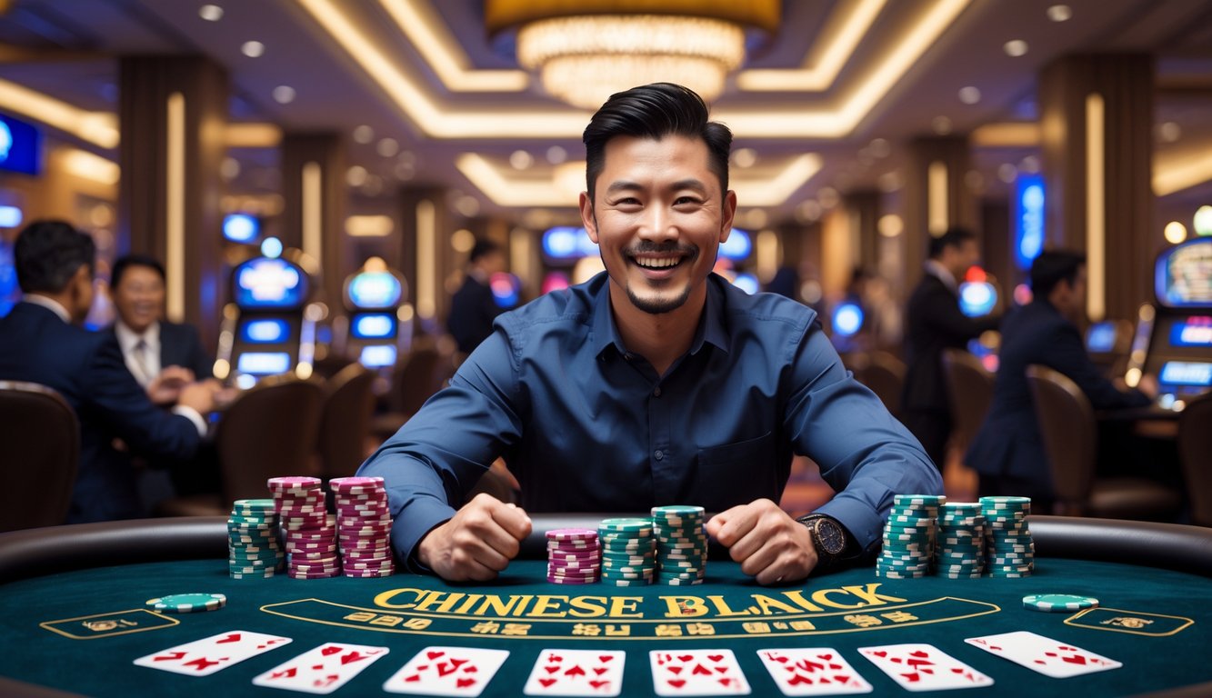 Seorang pria Asia tersenyum dan merayakan kemenangan di meja kasino dengan kartu Chinese Blackjack dan tumpukan chip.