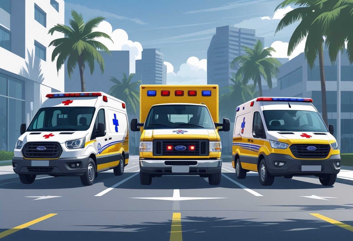 Três tipos diferentes de ambulâncias particulares estacionadas em uma rua urbana com prédios ao fundo em São Paulo.