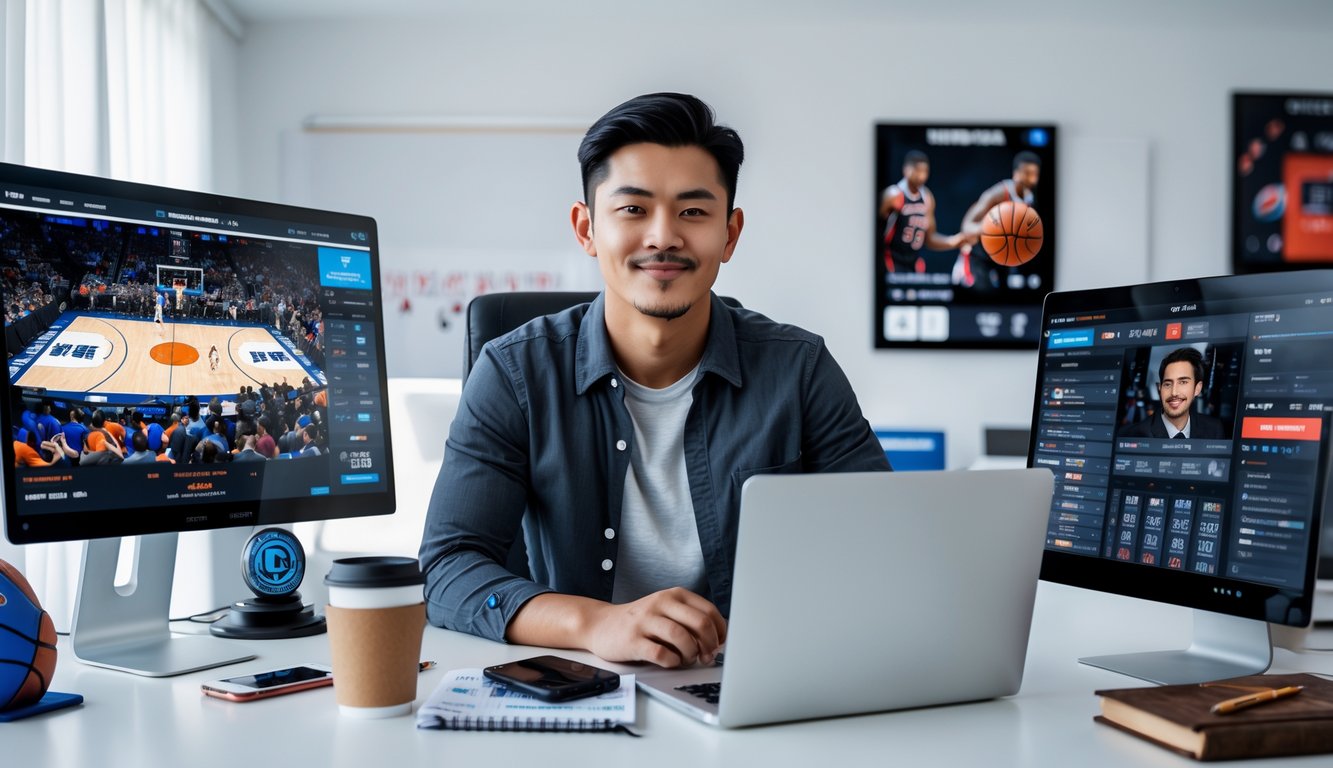 Seorang pria muda duduk di meja dengan beberapa perangkat digital yang menampilkan pertandingan NBA dan peluang taruhan olahraga.