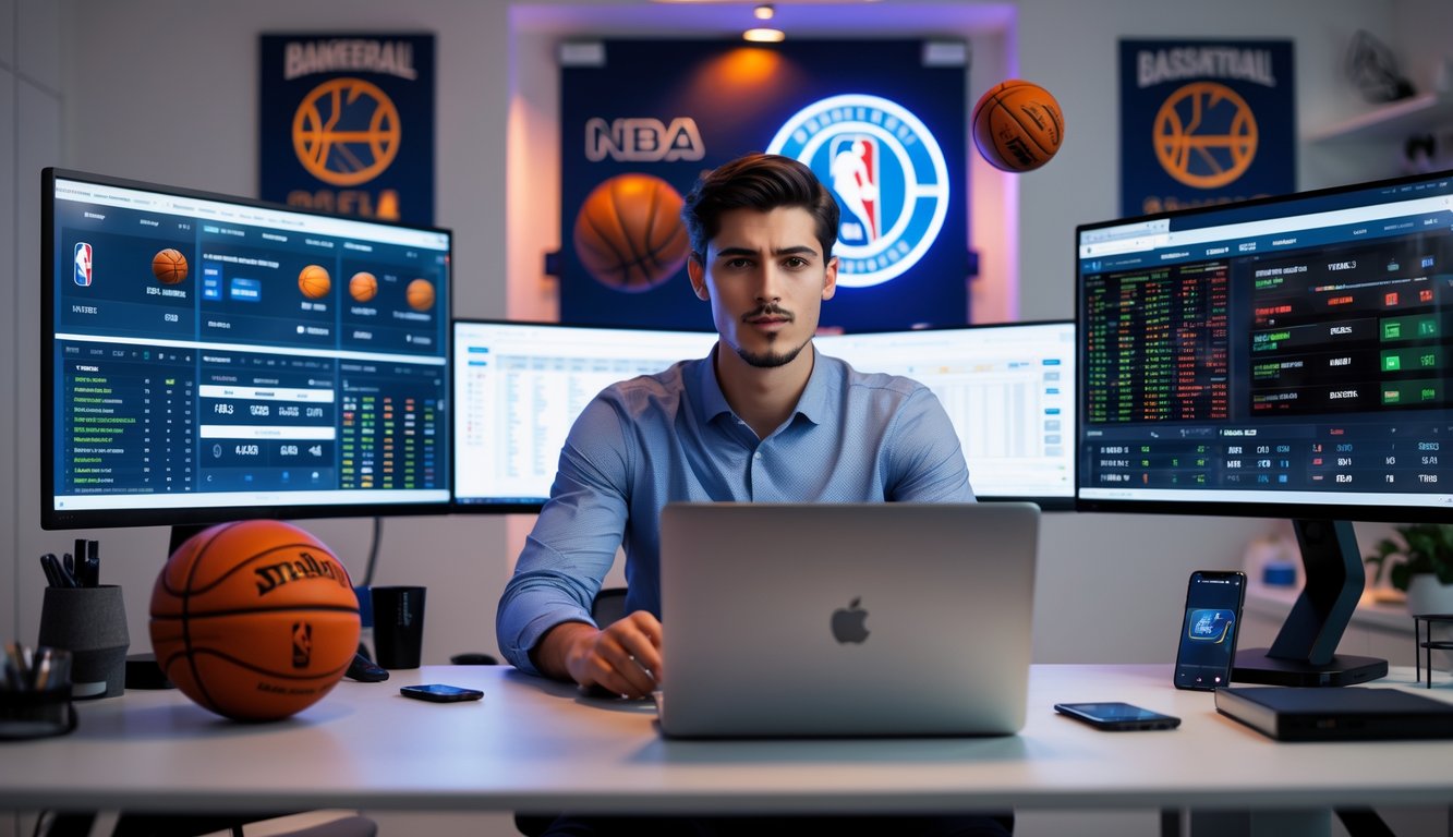Seorang pria muda duduk di meja dengan beberapa layar menampilkan pertandingan NBA dan peluang taruhan olahraga, sedang fokus menggunakan laptop dan ponsel di ruang kerja modern.
