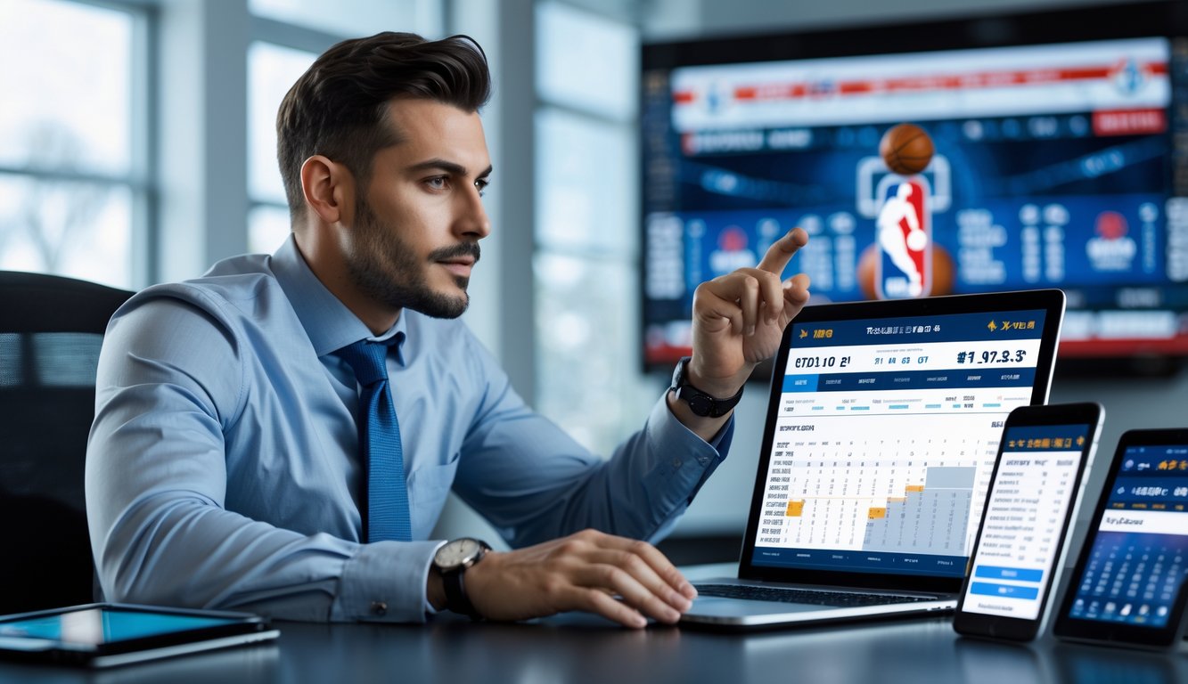 Seorang pria sedang menganalisis statistik pertandingan NBA di laptop di sebuah kantor modern.