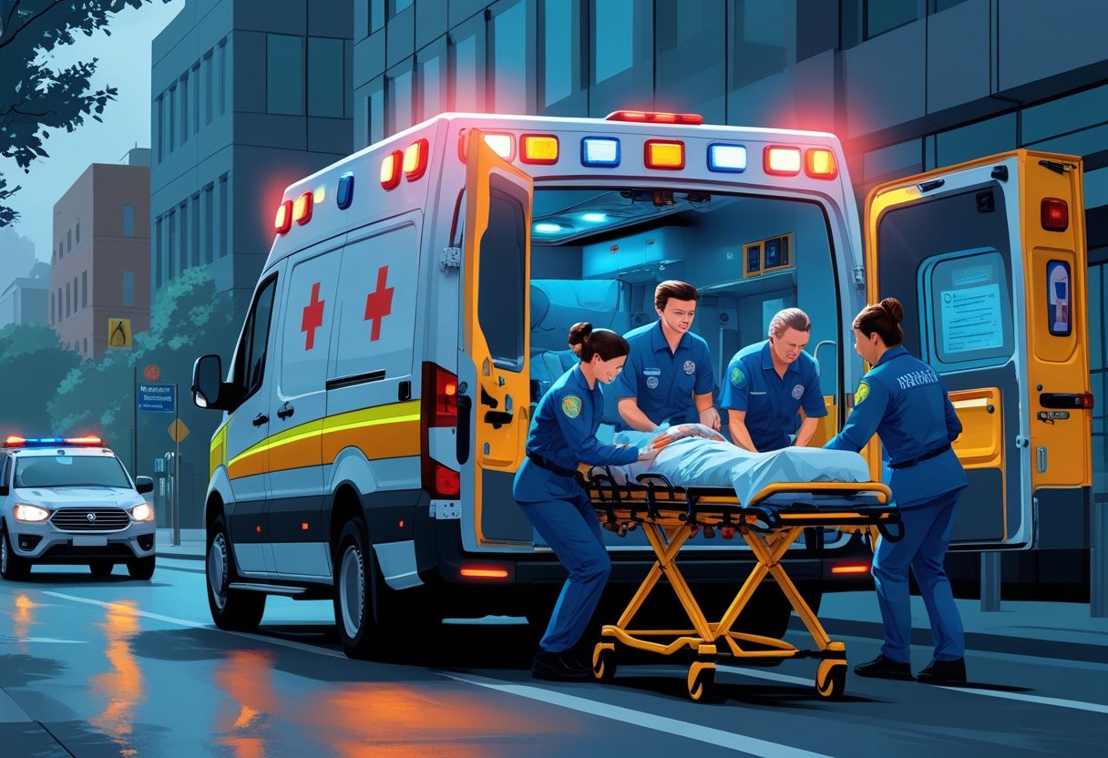 Uma ambulância estacionada com paramédicos atendendo um paciente em uma maca em frente a um hospital durante uma emergência médica.