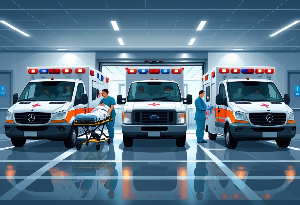 Três tipos diferentes de ambulâncias estacionadas em frente a uma emergência hospitalar, com profissionais de saúde atendendo pacientes.