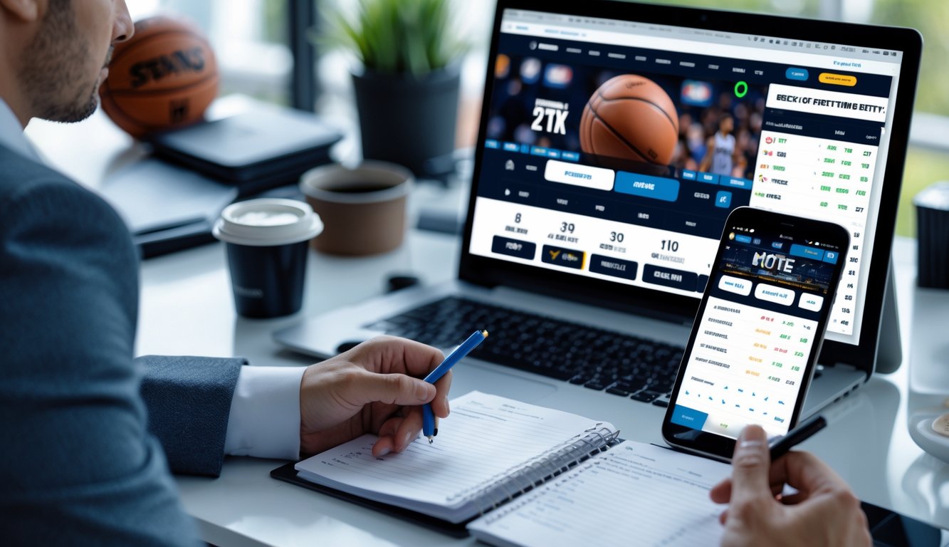 Seseorang sedang menggunakan laptop dan perangkat lain untuk memasang taruhan NBA online di meja kerja yang rapi.