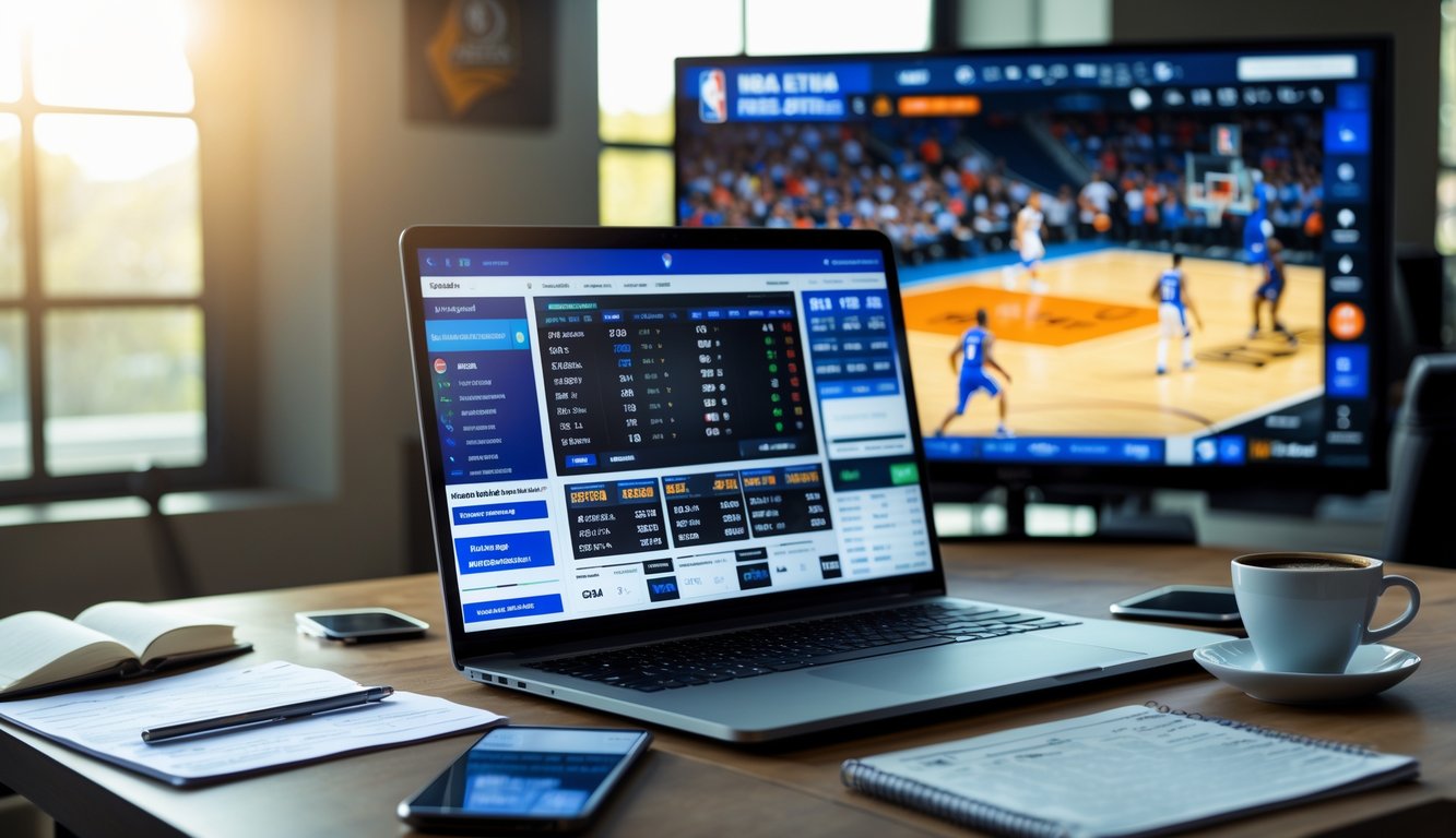 Meja kerja dengan laptop menampilkan statistik NBA, ponsel dengan skor langsung, dan televisi besar yang menayangkan pertandingan NBA.