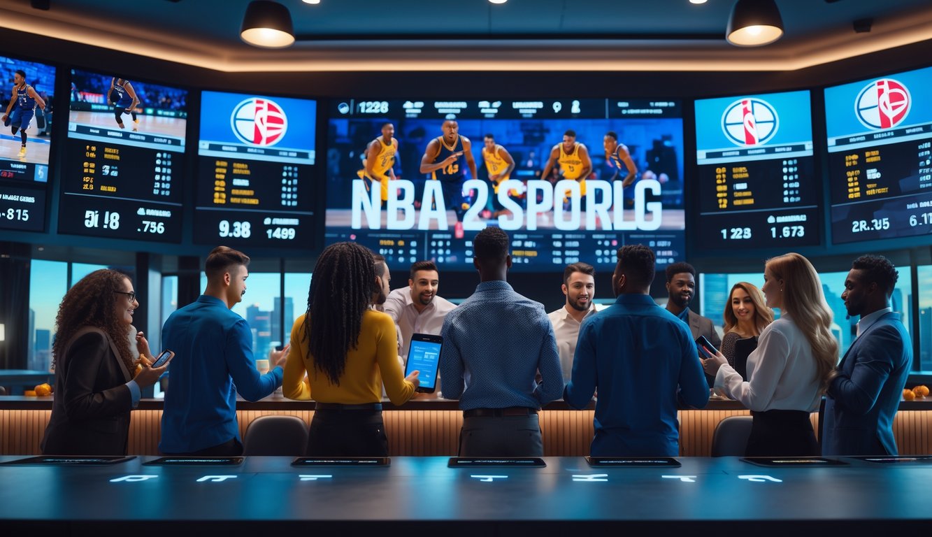 Sekelompok orang sedang menonton dan memasang taruhan pada pertandingan NBA di ruang taruhan olahraga modern.