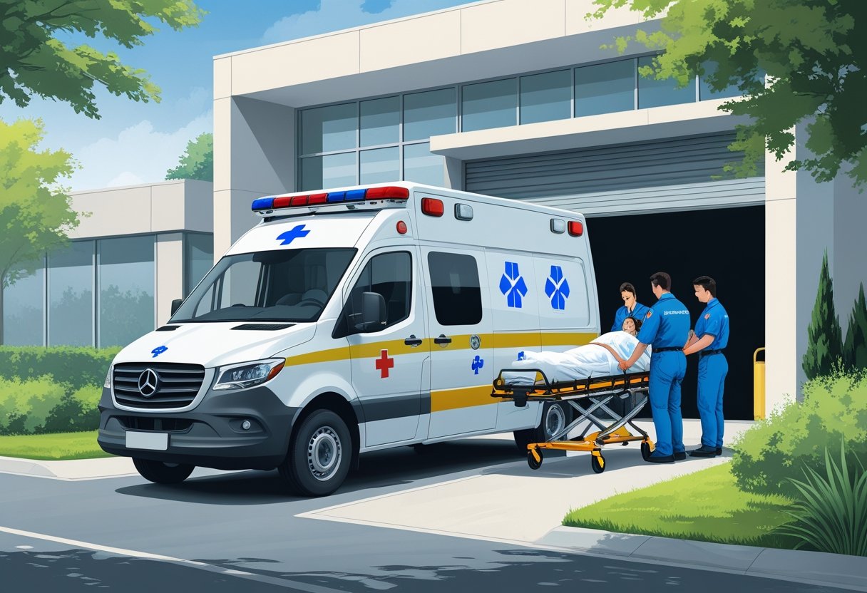 Ambulância particular estacionada em frente a um prédio com paramédicos atendendo um paciente em uma maca.