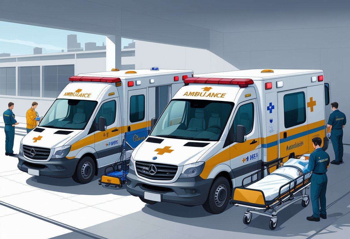 Três tipos principais de ambulâncias particulares estacionadas com profissionais de saúde ao redor, em um ambiente urbano.