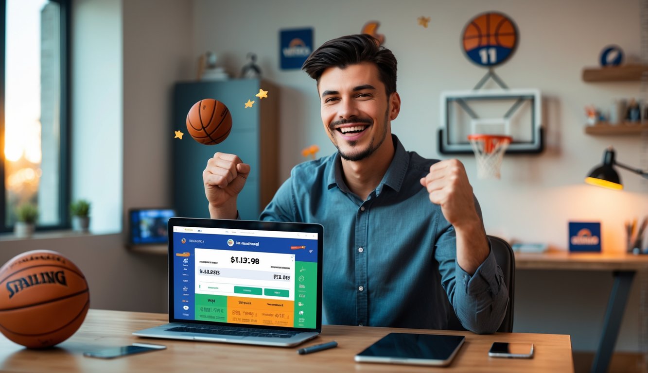 Seorang pria muda tersenyum bahagia duduk di depan laptop dengan dekorasi bertema bola basket di ruang kerja rumah.
