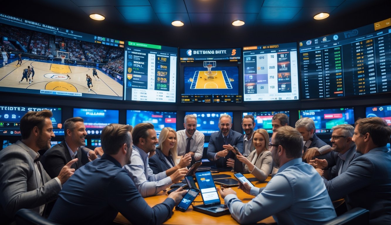 Sekelompok orang sedang menonton pertandingan NBA dan memasang taruhan di layar digital di sebuah ruang taruhan olahraga yang modern.