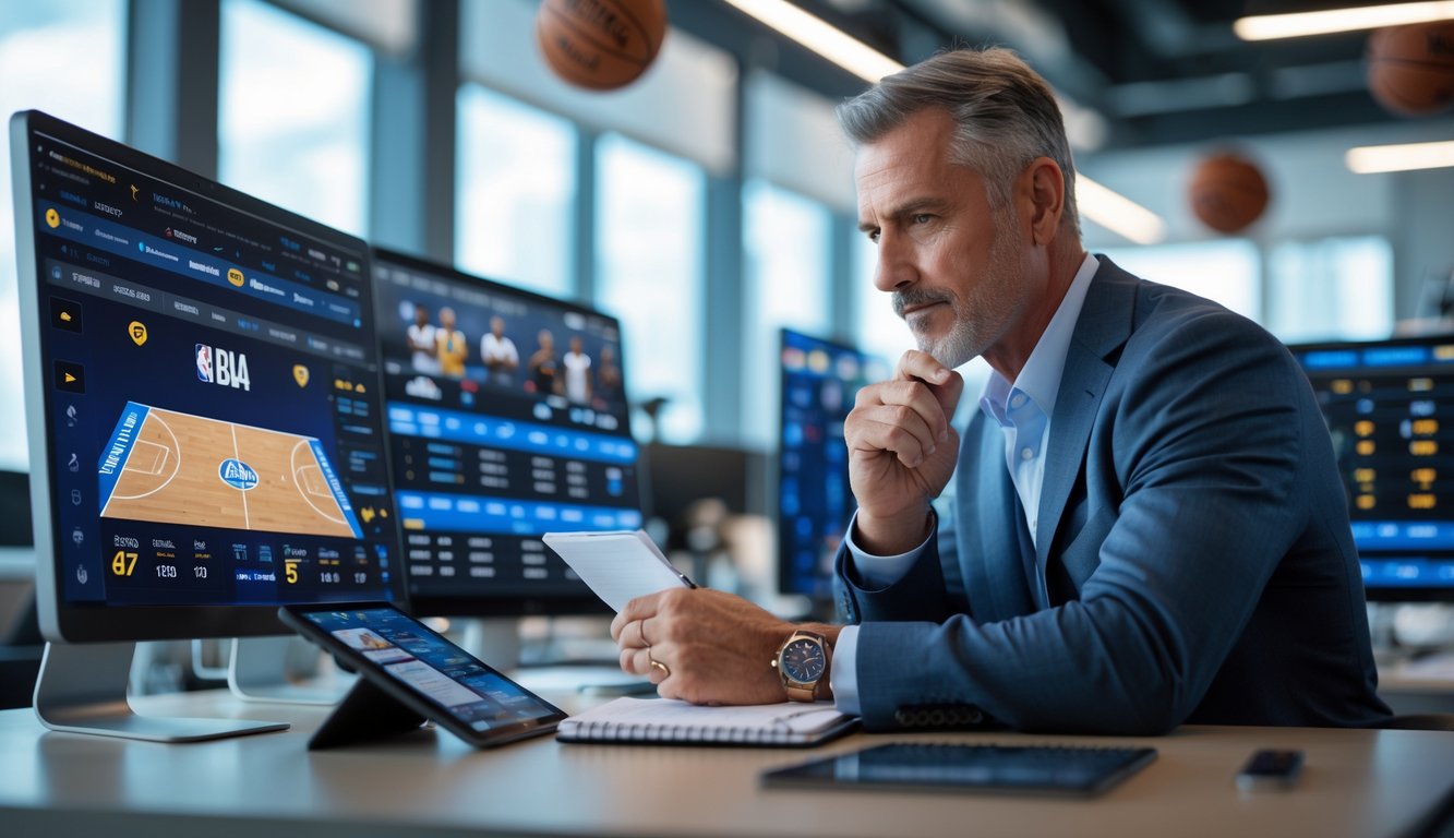 Seorang pria ahli taruhan sedang menganalisis strategi taruhan NBA di kantor modern dengan beberapa layar komputer dan peralatan kerja.