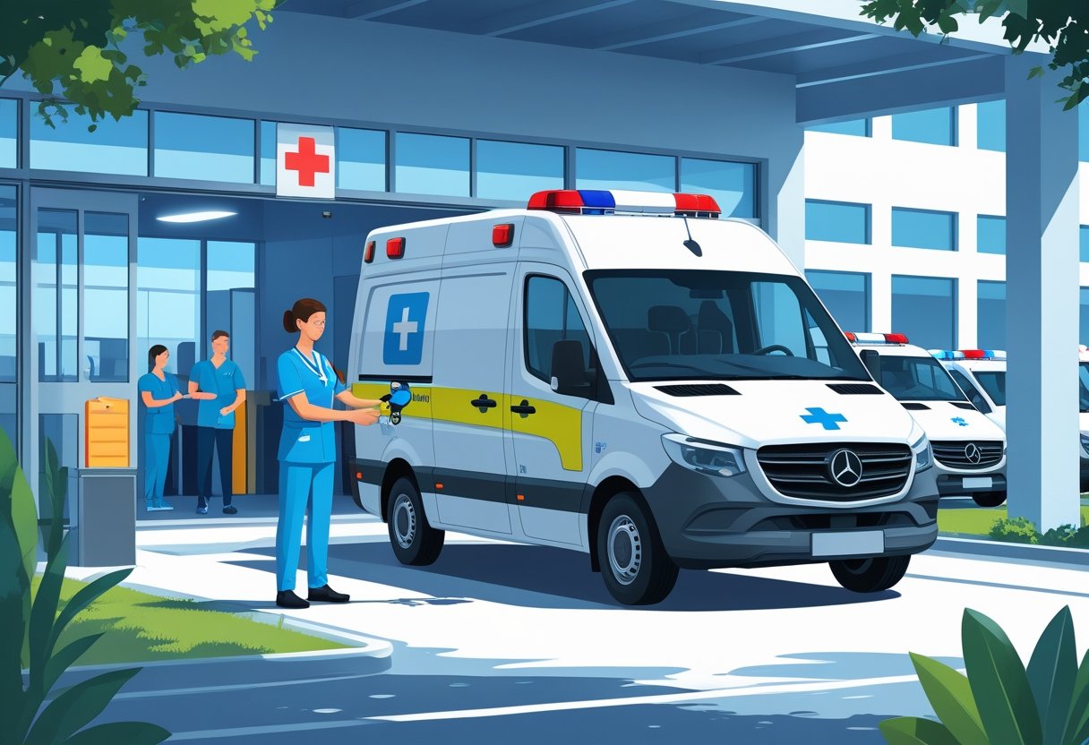 Uma ambulância moderna estacionada na entrada de um hospital, com um profissional de saúde entregando as chaves a um cliente, representando a locação de ambulância.