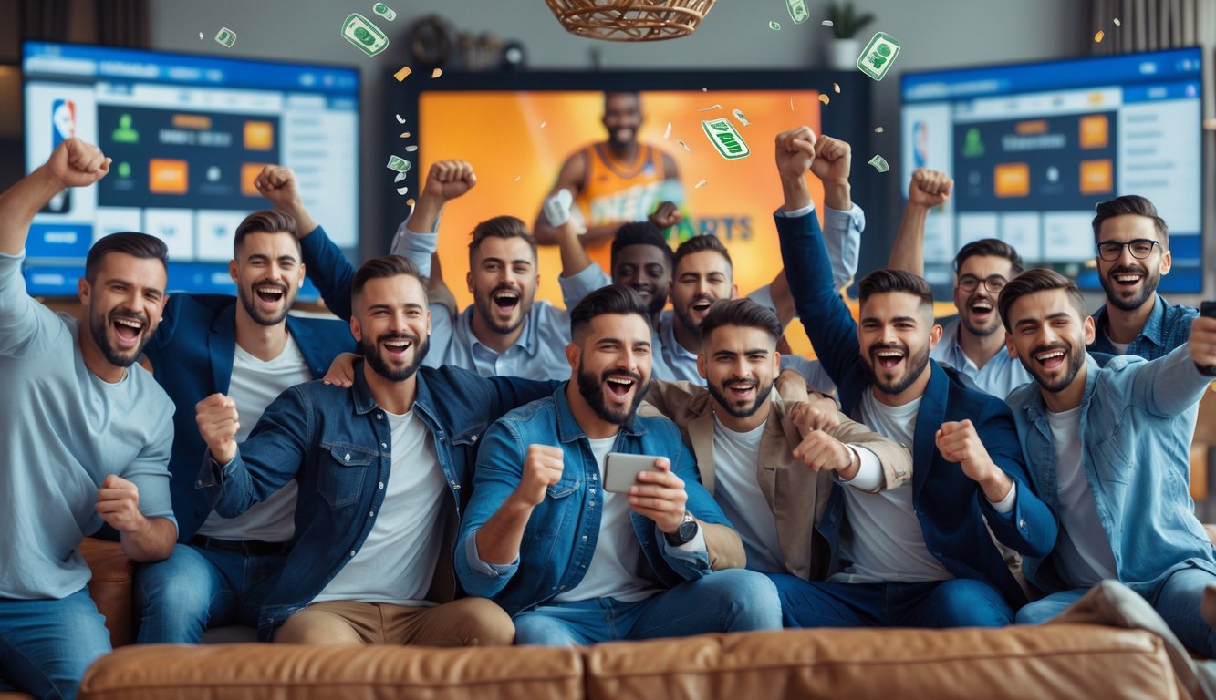 Sekelompok pria sedang merayakan kemenangan taruhan NBA di ruang tamu dengan layar besar menampilkan pertandingan bola basket.