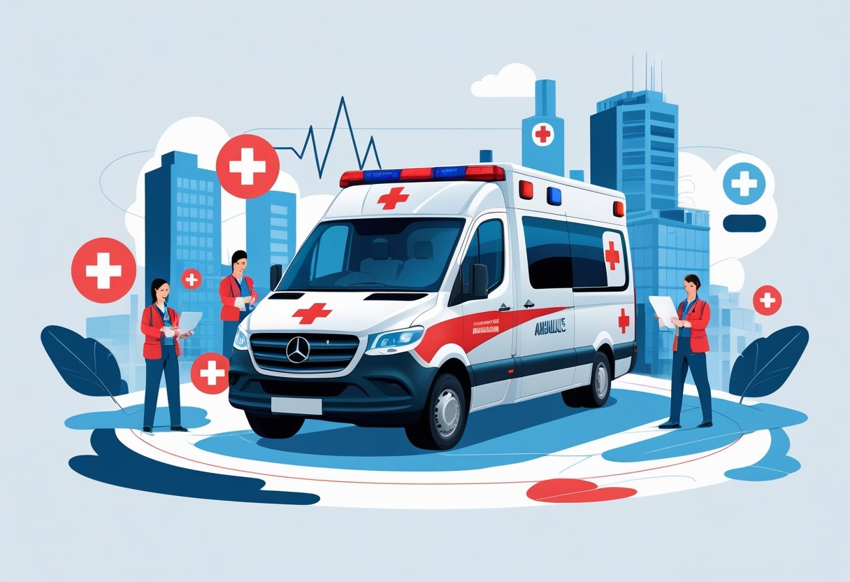 Ambulância moderna com profissionais de saúde ao redor, mostrando rapidez, eficiência e cuidado médico.