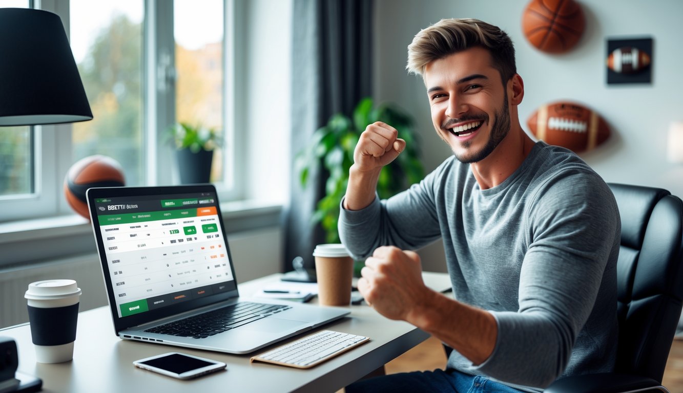Seorang pria muda duduk di depan laptop dengan ekspresi senang sambil merayakan kemenangan taruhan olahraga di rumah.