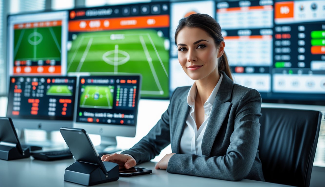 Seorang wanita muda duduk di meja dengan beberapa perangkat digital yang menampilkan data taruhan olahraga, terlihat fokus dan percaya diri di ruang kantor modern.
