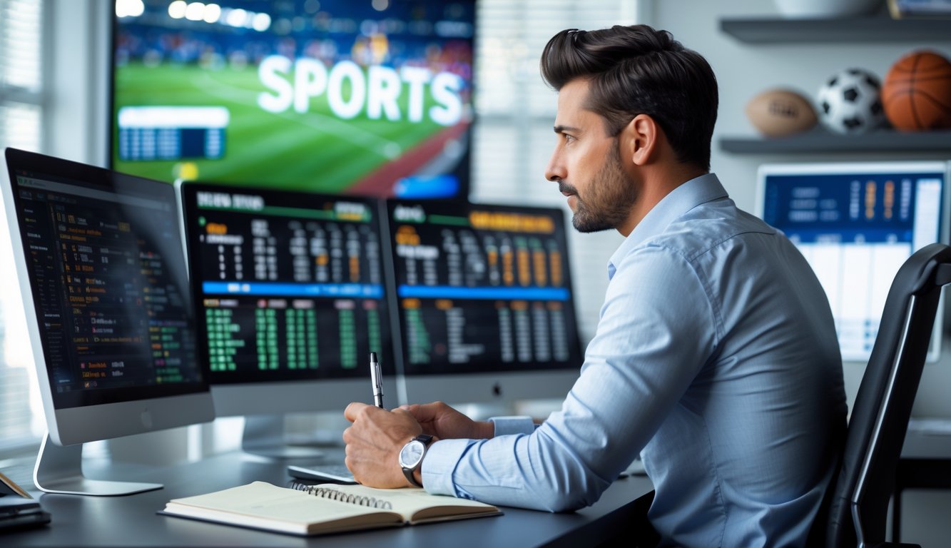 Seorang pria duduk di meja kantor modern sambil melihat layar komputer yang menampilkan statistik taruhan olahraga.