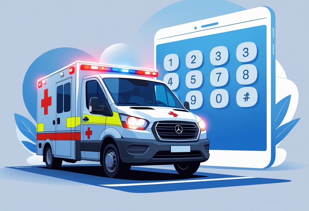 Número da Ambulância Emergência: Como Acionar o SAMU 192 no Brasil 1 Uma ambulância com luzes de emergência ligadas e um fundo com um teclado de telefone estilizado destacando números, representando o número da ambulância de emergência.