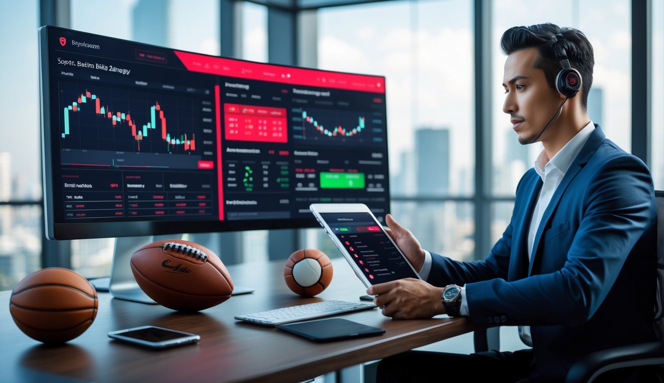 Orang sedang menganalisis data taruhan olahraga di meja kerja dengan komputer dan perangkat teknologi di kantor modern.