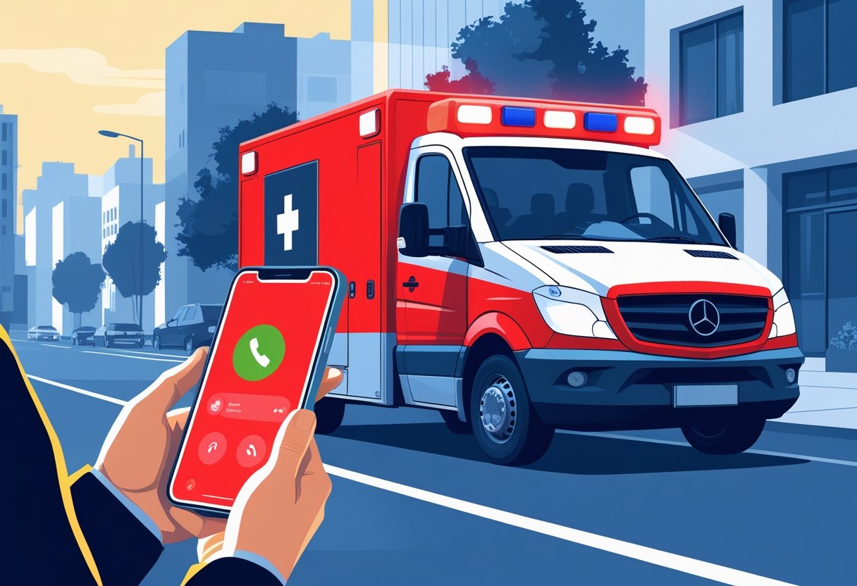 Número da Ambulância Emergência: Como Acionar o SAMU 192 no Brasil 2 Pessoa segurando um smartphone fazendo uma chamada de emergência, com uma ambulância com luzes piscando ao fundo em uma rua da cidade.